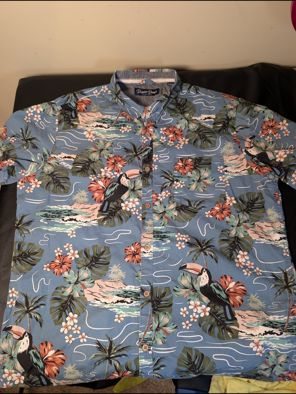 Men's Blue Tropical Toucan Print Button-Up Shirt XL
